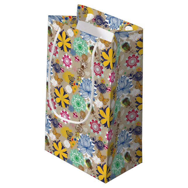 Blumenmuster in Retro Art 3 Kleine Geschenktüte (Rückseite Schrägansicht)