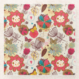 Blumenmuster in Retro Art 4 Glasuntersetzer