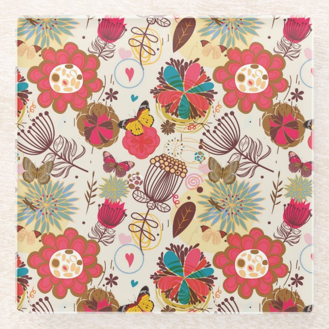 Blumenmuster in Retro Art 4 Glasuntersetzer (Vorderseite)