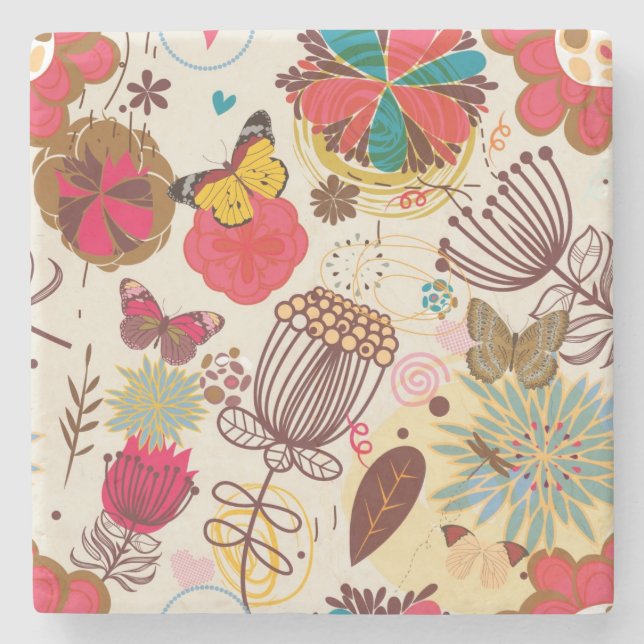 Blumenmuster in Retro Art 4 Steinuntersetzer (Vorderseite)