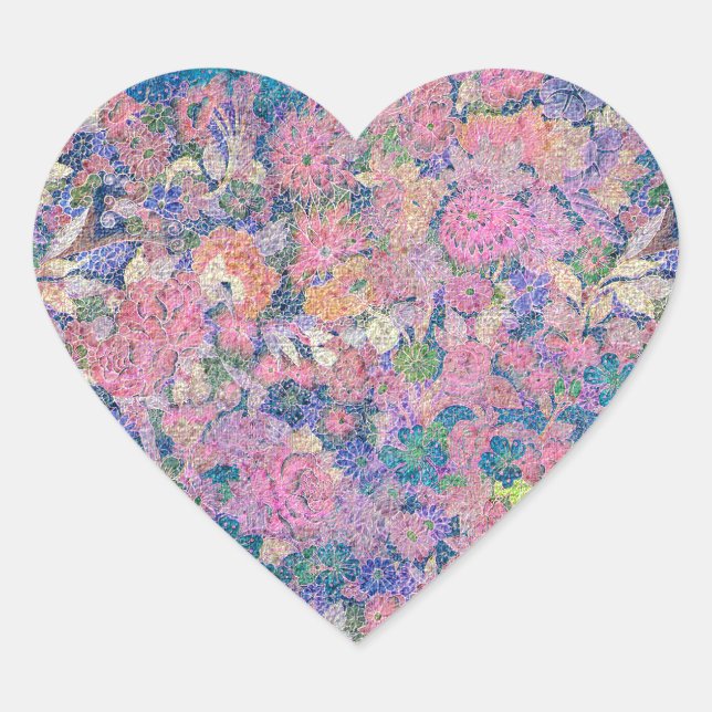 Blumenmuster in Rosa und Blau Herz-Aufkleber (Vorderseite)