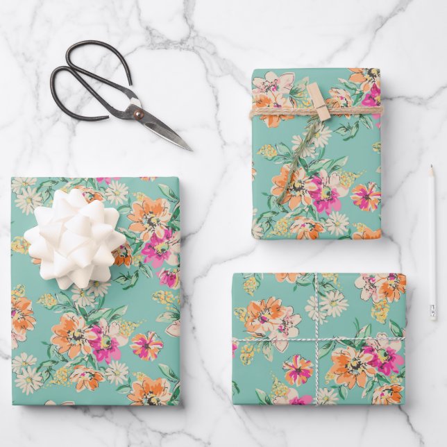 Blumenmuster in Rosa und Orange Geschenkpapier Set (Vorderseite)