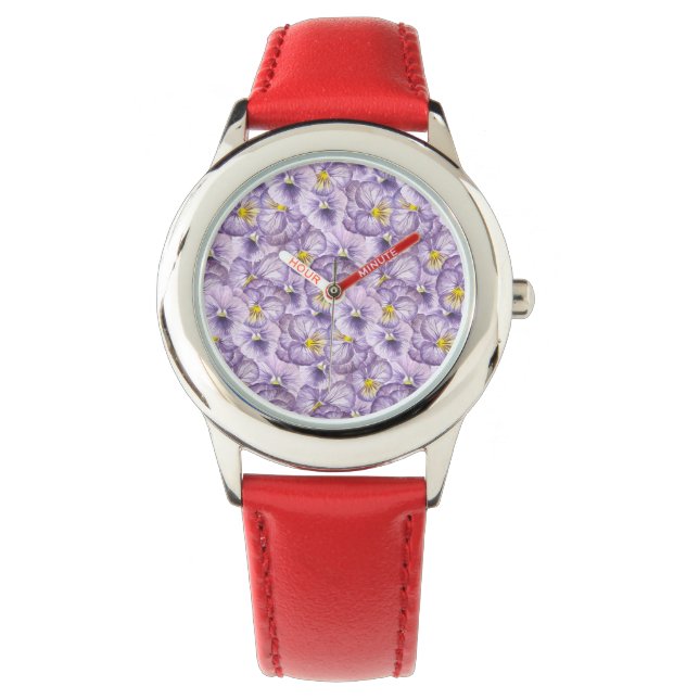 Blumenmuster in Wasserfarbe mit violetten Stiefmüt Armbanduhr (Vorderseite)