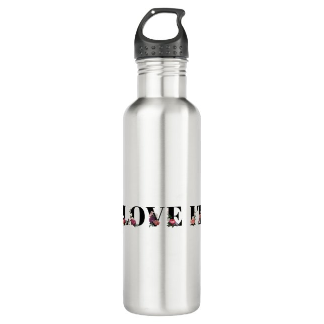Blumenmuster-Liebe für das Wort typografisches Ges Edelstahlflasche (Vorderseite)