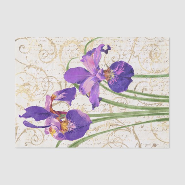 Blumenmuster Lila Iris-Gold-Damaskus-Skript-Dekout Seidenpapier (Vorderseite)