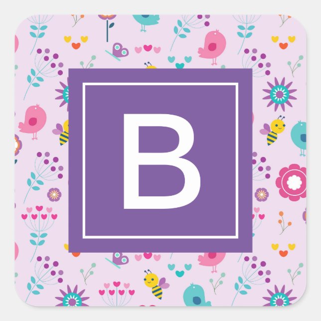 Blumenmuster Lila Monogramm Kids Quadratischer Aufkleber (Vorderseite)