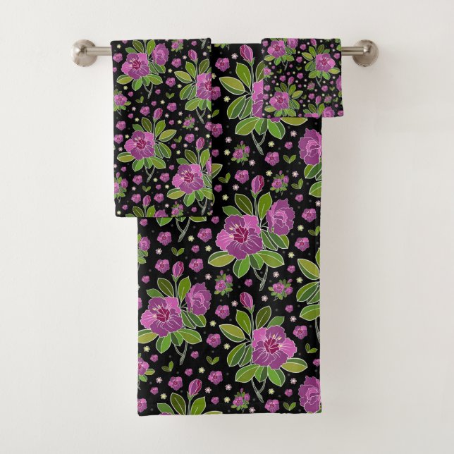 Blumenmuster Lila Rosa Grün Schwarz Badhandtuch Set (Insitu)
