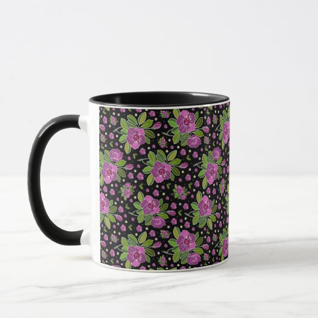 Blumenmuster Lila Rosa Grün Schwarz Tasse (Links)