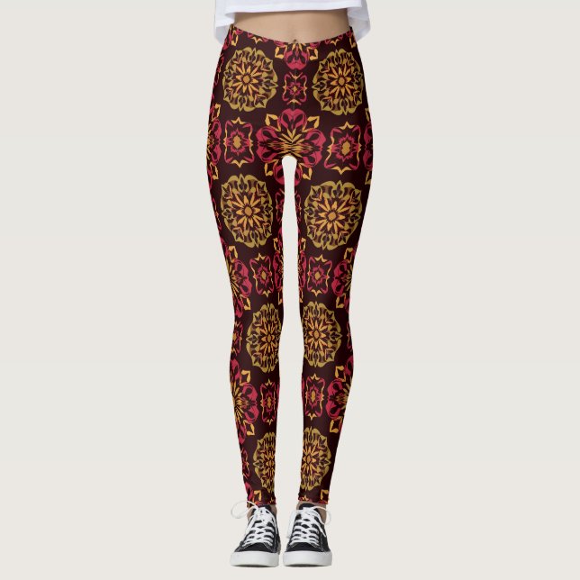 Blumenmuster Mandala in Rot- und Goldtönen Leggings (Vorderseite)