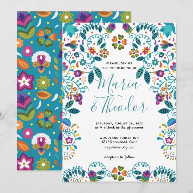 Blumenmuster mexikanischer Stil Luxus Hochzeit Einladung (Vorne/Hinten)