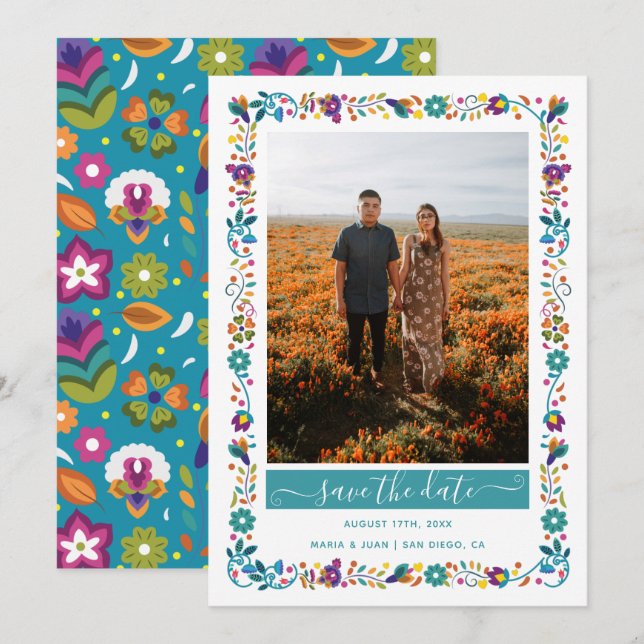 Blumenmuster mexikanisches Foto Hochzeit Save The Date (Vorne/Hinten)