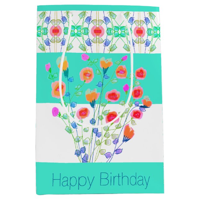 Blumenmuster mit Aquamariner Optik Mittlere Geschenktüte (Vorderseite)