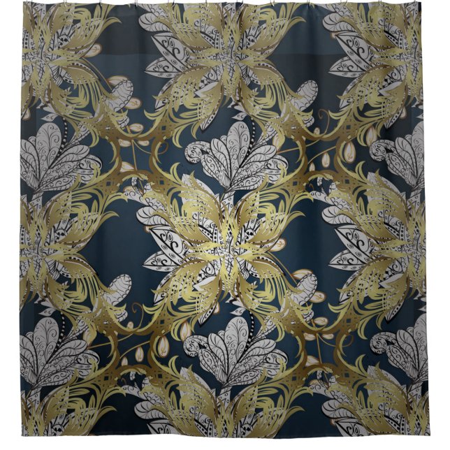 Blumenmuster mit blauem Hintergrund für Goldene El Duschvorhang (Vorderseite)