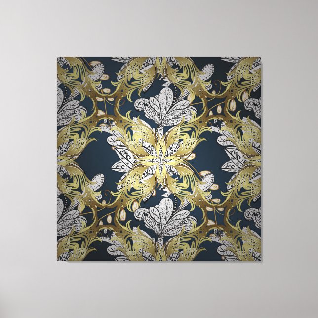 Blumenmuster mit blauem Hintergrund für Goldene El Leinwanddruck (Vorderseite)