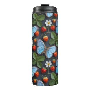 Blumenmuster mit blauen Morpho-Schmetterlingen Thermosbecher