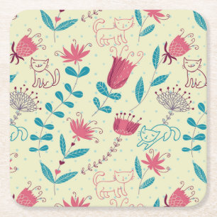 Blumenmuster mit Cartoon-Katzen Rechteckiger Pappuntersetzer