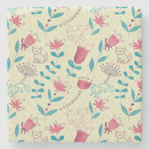 Blumenmuster mit Cartoon-Katzen Steinuntersetzer