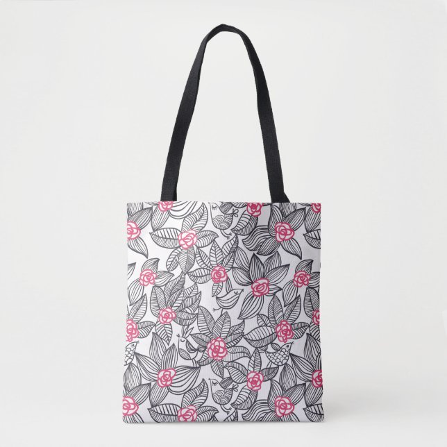 Blumenmuster mit Cartoon-Vögeln Tasche (Vorderseite)