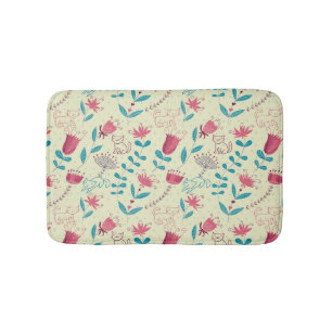 Blumenmuster mit Cartoonkatzen Badematte
