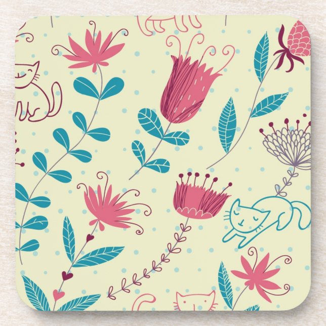 Blumenmuster mit Cartoonkatzen Getränkeuntersetzer (Vorderseite)