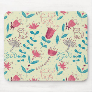 Blumenmuster mit Cartoonkatzen Mousepad