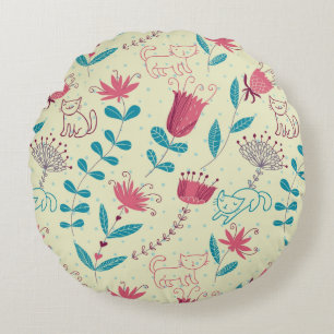 Blumenmuster mit Cartoonkatzen Rundes Kissen