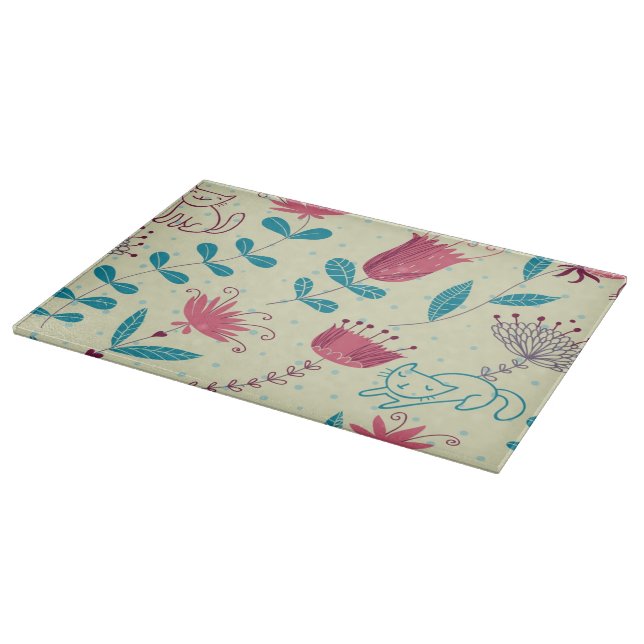 Blumenmuster mit Cartoonkatzen Schneidebrett (Ecke)