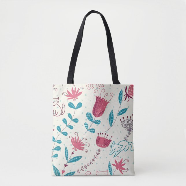 Blumenmuster mit Cartoonkatzen Tasche (Vorderseite)