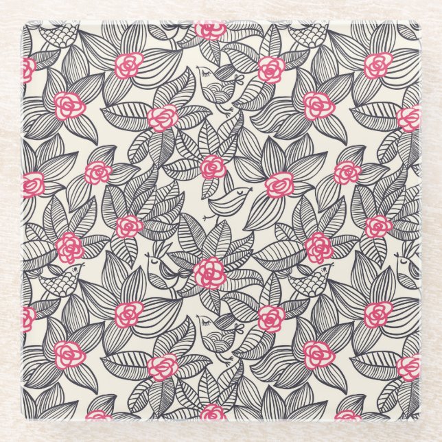 Blumenmuster mit Cartoonvögeln 2 Glasuntersetzer (Vorderseite)