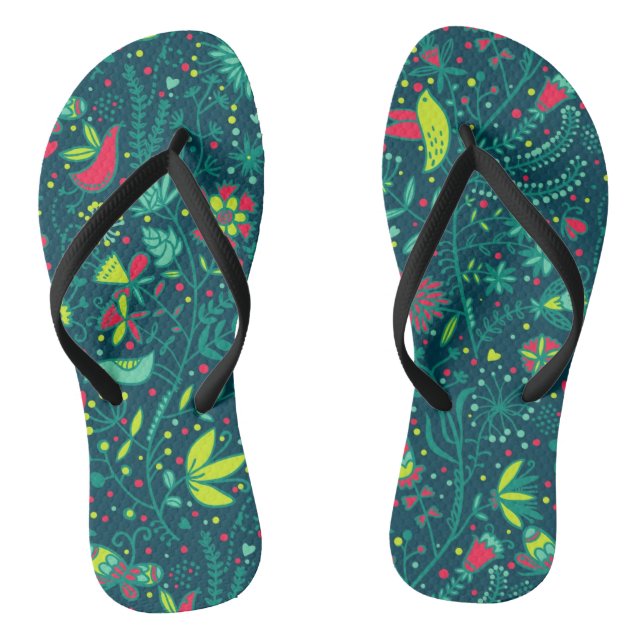 Blumenmuster mit Cartoonvögeln Flip Flops (Fußbett)