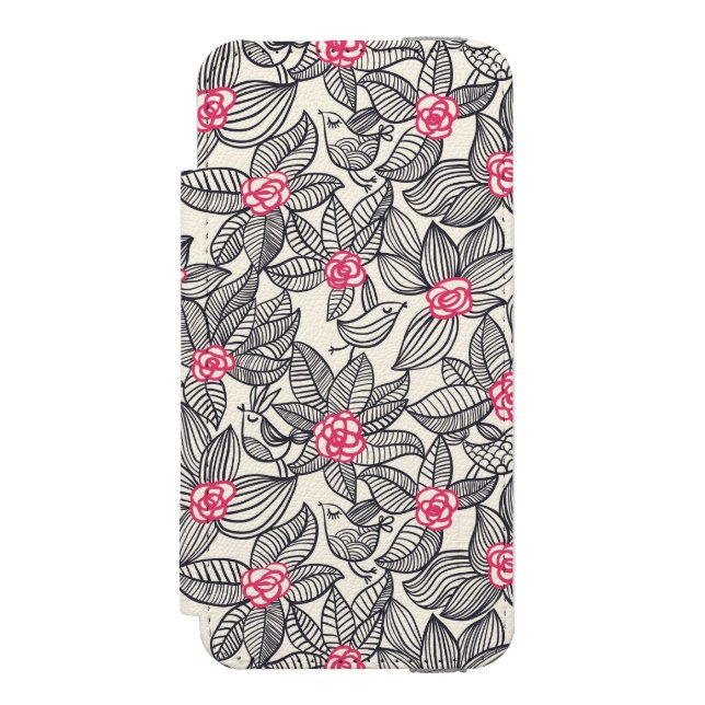 Blumenmuster mit Cartoonvögeln Incipio iPhone Geldbeutel-Hülle (Folio Vorderseite)