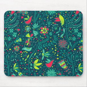 Blumenmuster mit Cartoonvögeln Mousepad
