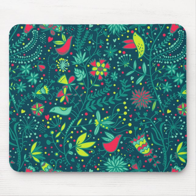 Blumenmuster mit Cartoonvögeln Mousepad (Vorne)