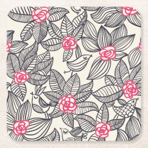 Blumenmuster mit Cartoonvögeln Rechteckiger Pappuntersetzer