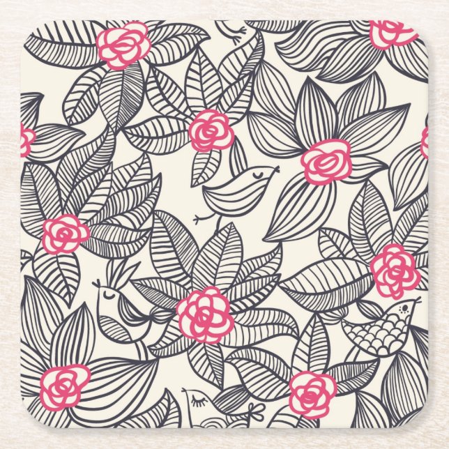Blumenmuster mit Cartoonvögeln Rechteckiger Pappuntersetzer (Vorderseite)