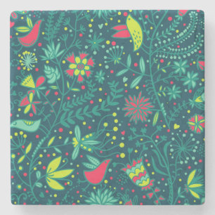 Blumenmuster mit Cartoonvögeln Steinuntersetzer