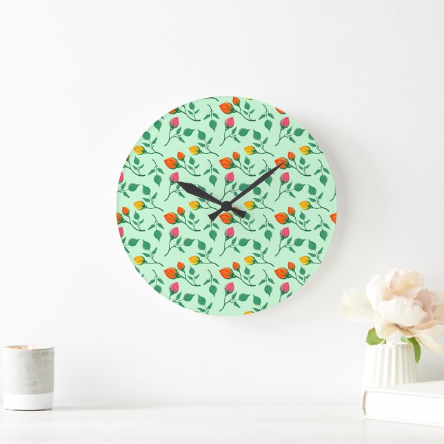 Blumenmuster mit farbigen Blume der Rose Große Wanduhr (Zuhause)