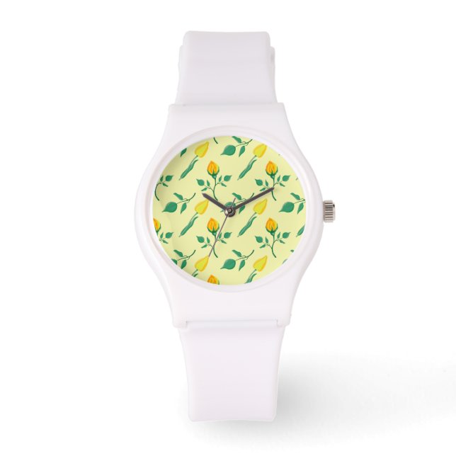Blumenmuster mit gelben Rosen-und Tulpenfarben-Blu Armbanduhr (Vorderseite)