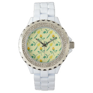 Blumenmuster mit gelben Rosen-und Tulpenfarben-Blu Armbanduhr