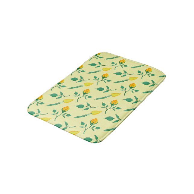 Blumenmuster mit gelben Rosen-und Tulpenfarben-Blu Badematte (Schrägansicht)