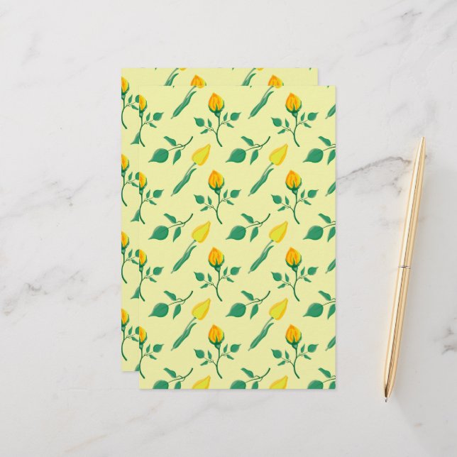 Blumenmuster mit gelben Rosen-und Tulpenfarben-Blu Briefpapier (Vorderseite/Rückseite Beispiel)