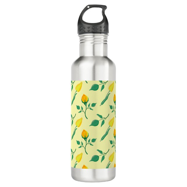 Blumenmuster mit gelben Rosen-und Tulpenfarben-Blu Edelstahlflasche (Vorderseite)
