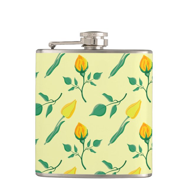 Blumenmuster mit gelben Rosen-und Tulpenfarben-Blu Flachmann (Vorderseite)