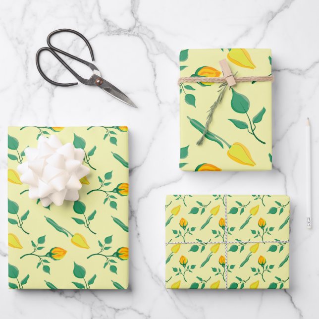 Blumenmuster mit gelben Rosen-und Tulpenfarben-Blu Geschenkpapier Set (Vorderseite)