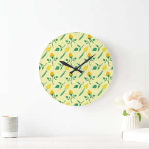 Blumenmuster mit gelben Rosen-und Tulpenfarben-Blu Große Wanduhr