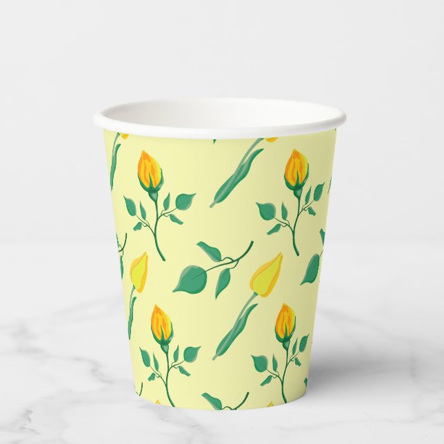 Blumenmuster mit gelben Rosen-und Tulpenfarben-Blu Pappbecher (Vorderseite)