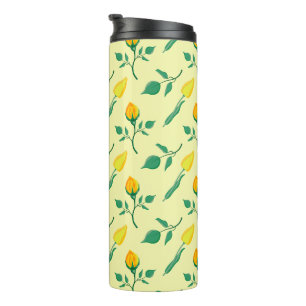 Blumenmuster mit gelben Rosen-und Tulpenfarben-Blu Thermosbecher