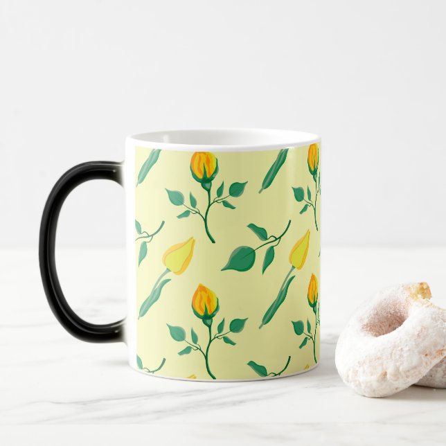 Blumenmuster mit gelben Rosen-und Tulpenfarben-Blu Verwandlungstasse (Mit Donut)