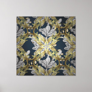 Blumenmuster mit goldenen Elementen auf blauem Hin Leinwanddruck