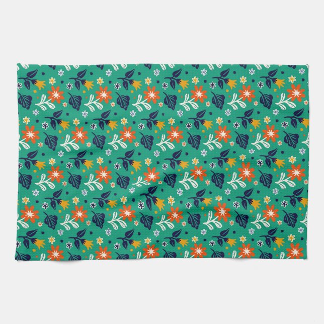 Blumenmuster mit grünem Hintergrund Geschirrtuch (Horizontal)